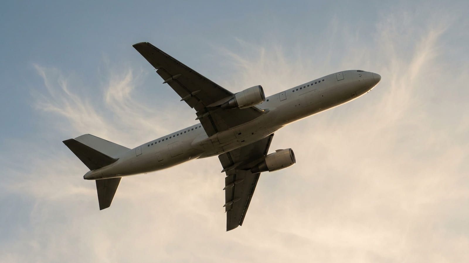 Zweistrahliges Verkehrsflugzeug von unten gegen den Himmel, Triebwerke und Leitwerk sichtbar