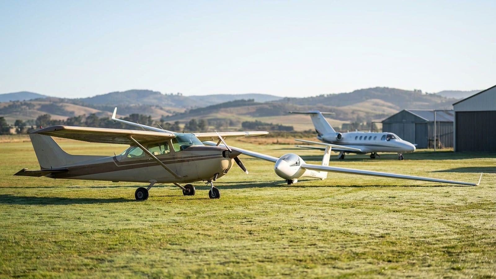 Einmotoriges Propellerflugzeug und Segelflugzeug nebeneinander auf einem Flugplatz