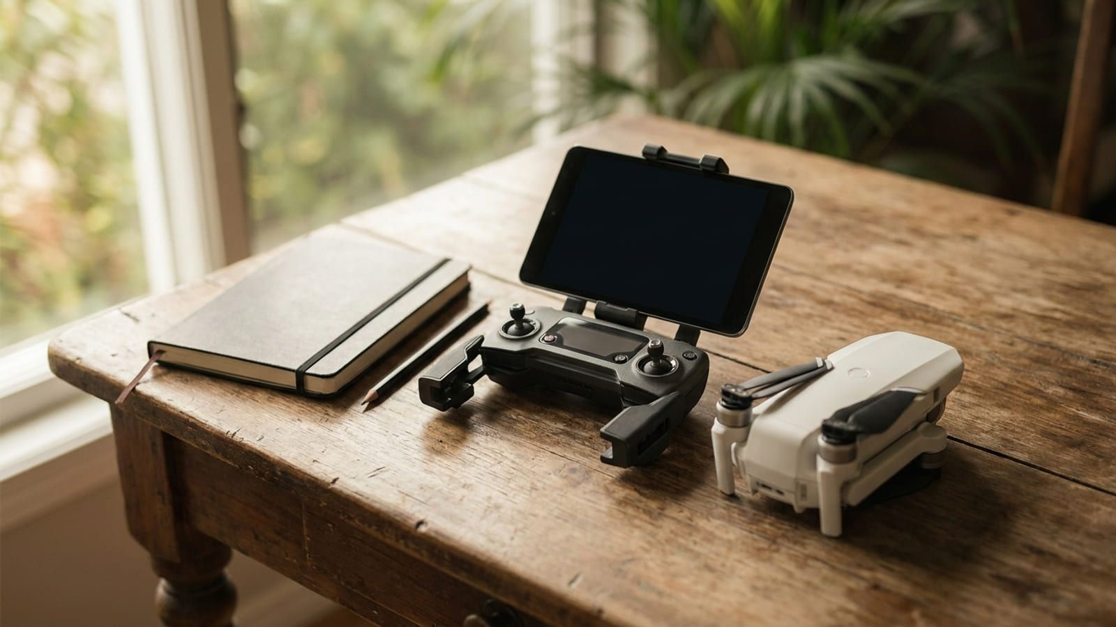 Fernsteuerung mit Tablet neben einer zusammengeklappten Drohne auf einem Tisch