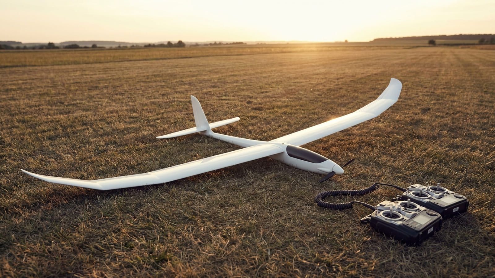 Elektrosegler-Modell im Gras, daneben ein Fernsteuersender