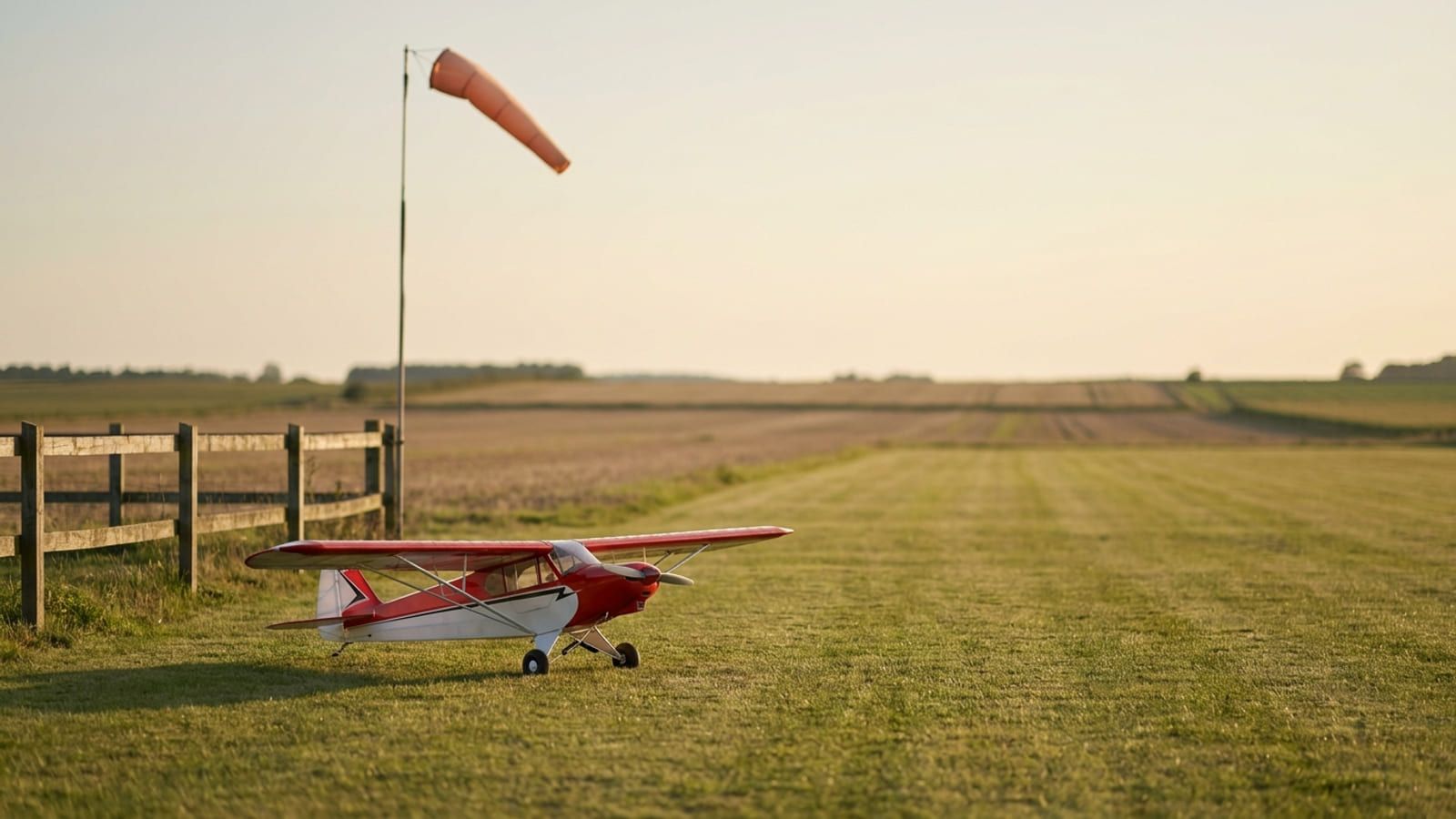 Flugmodell auf einer Modellflugwiese, dahinter ein Windsack