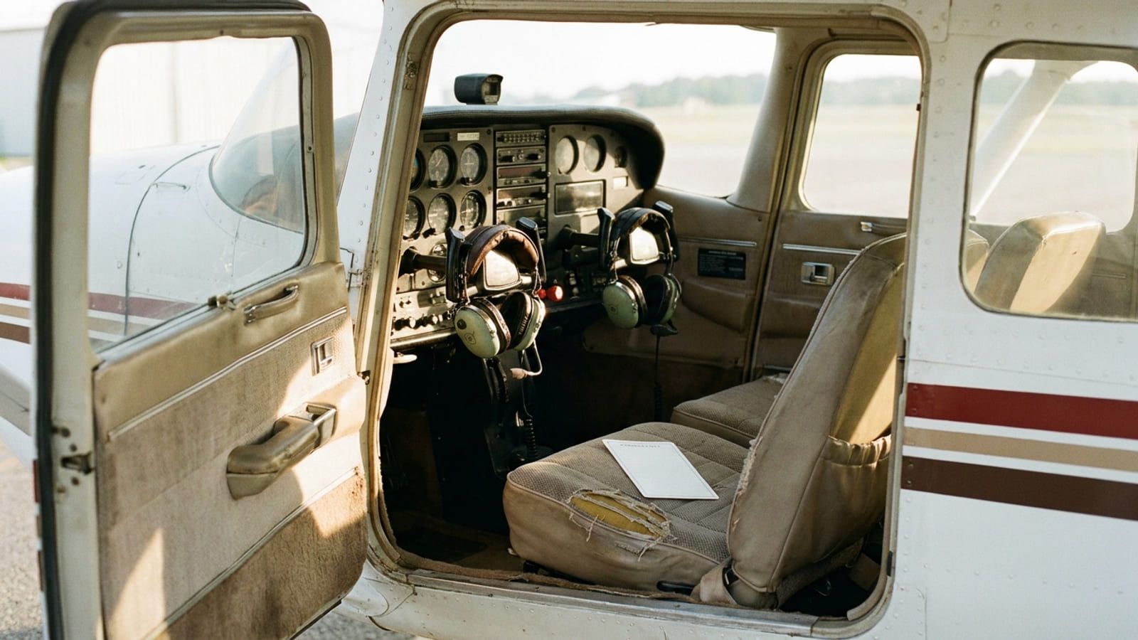 Cockpit eines zweisitzigen Schulflugzeugs mit zwei Headsets über den Steuerhörnern