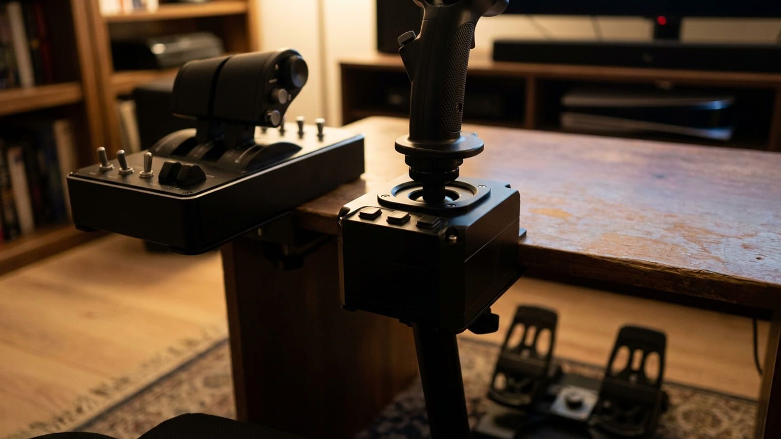 Joystick, Schubhebel und Pedale eines Flugsimulator-Arbeitsplatzes