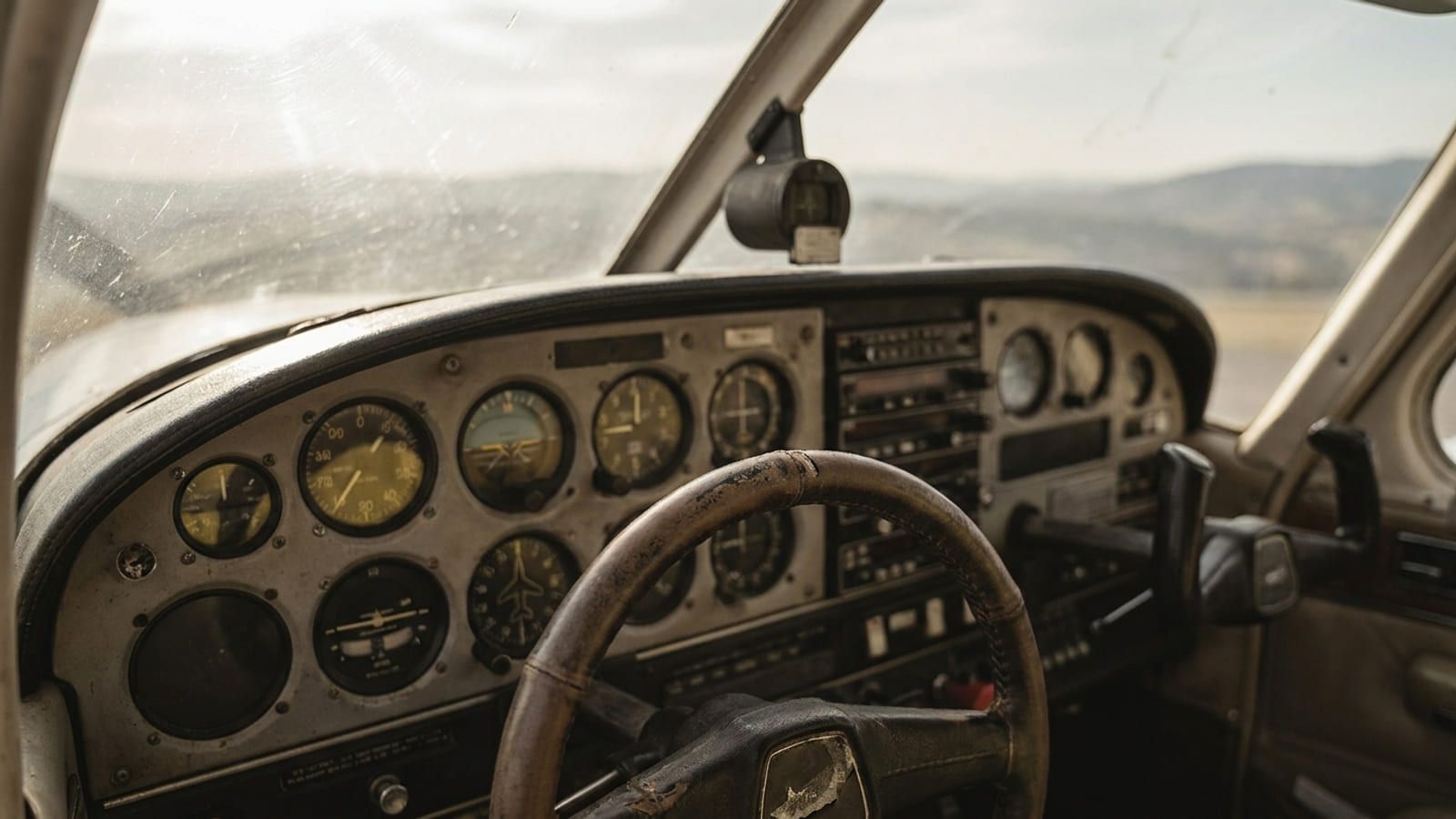 Instrumentenbrett eines Flugzeugs mit analogen Rundinstrumenten